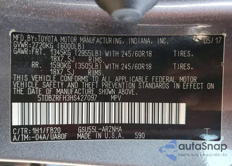 2017 Toyota Highlander Le z USA, uszkodzony, nr VIN 5TDBZRFH3HS427097